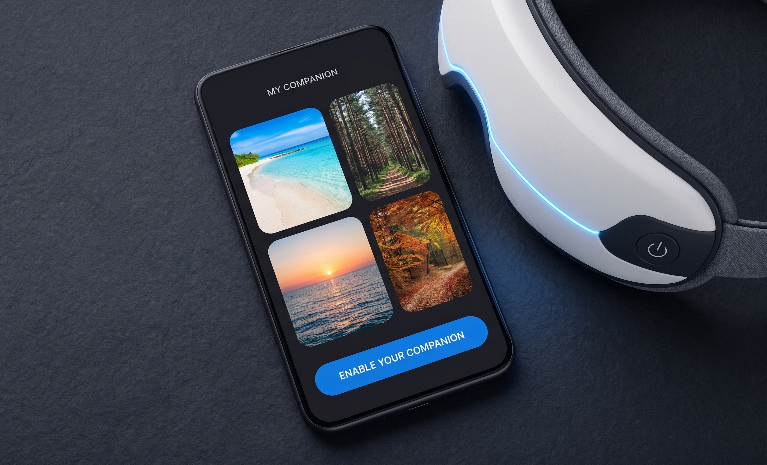 Flat-lay of the Real-X smartphone app interface next to the Real-X Portal headset