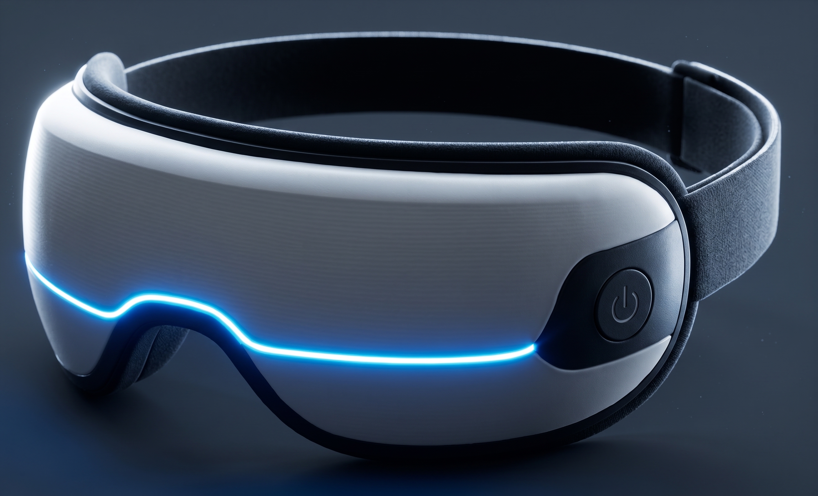 The Real-X Portal, a sleek white VR sleepmask, resting against a slate grey backdrop
