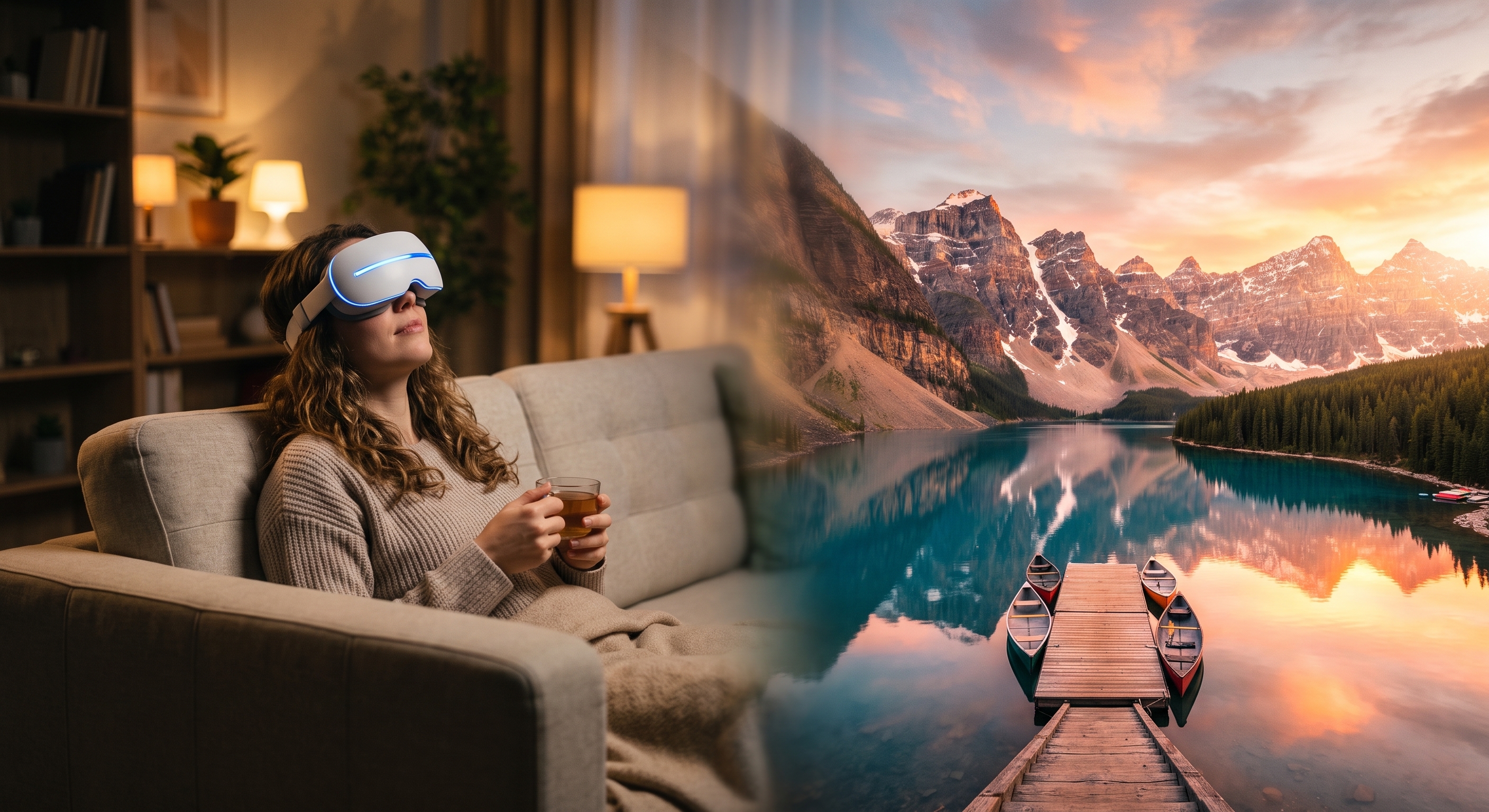 Split-screen composite of a person relaxing in their living room and an immersive mountain lake environment